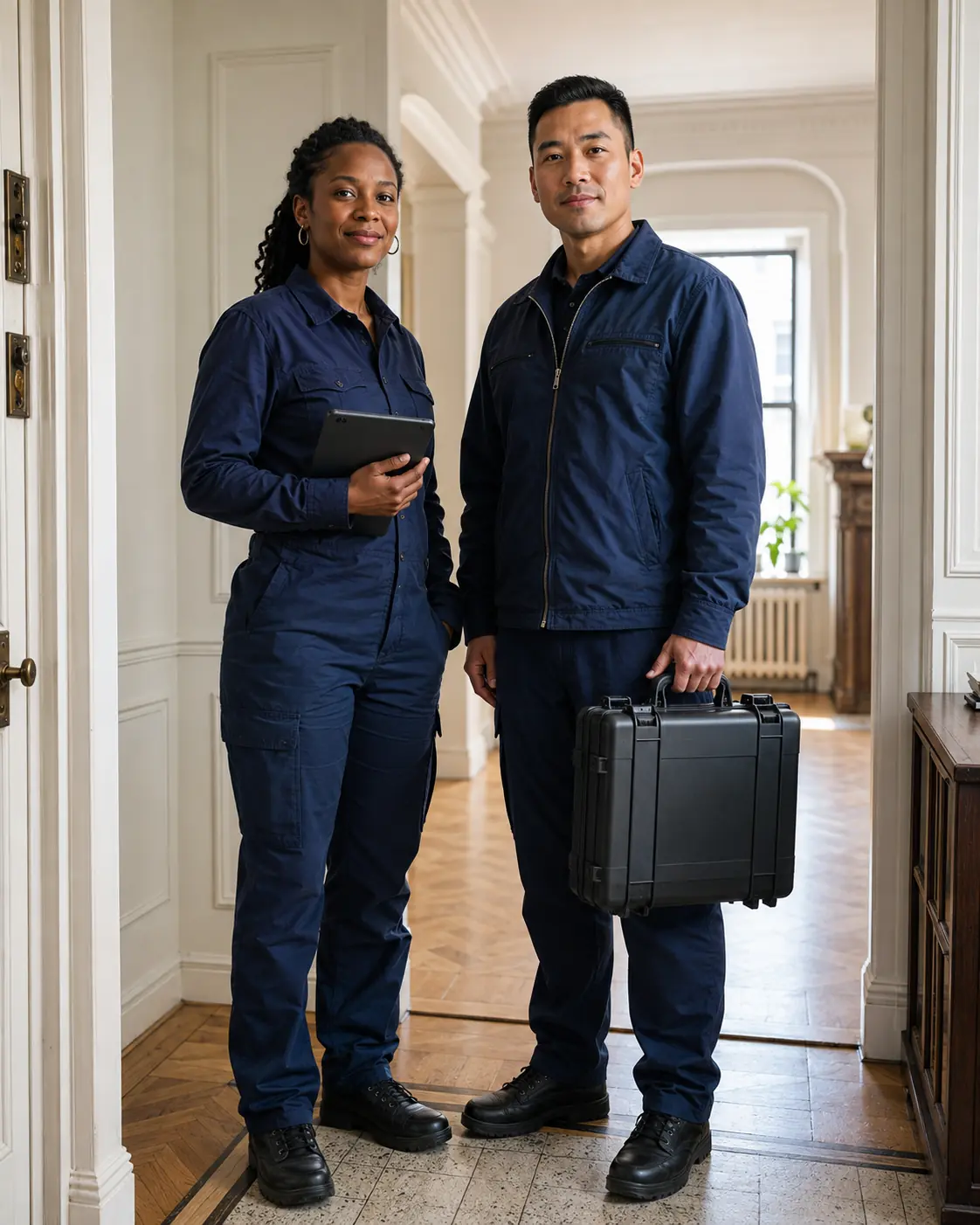 Two Manhattan Lead inspectors reviewing a New York City apartment