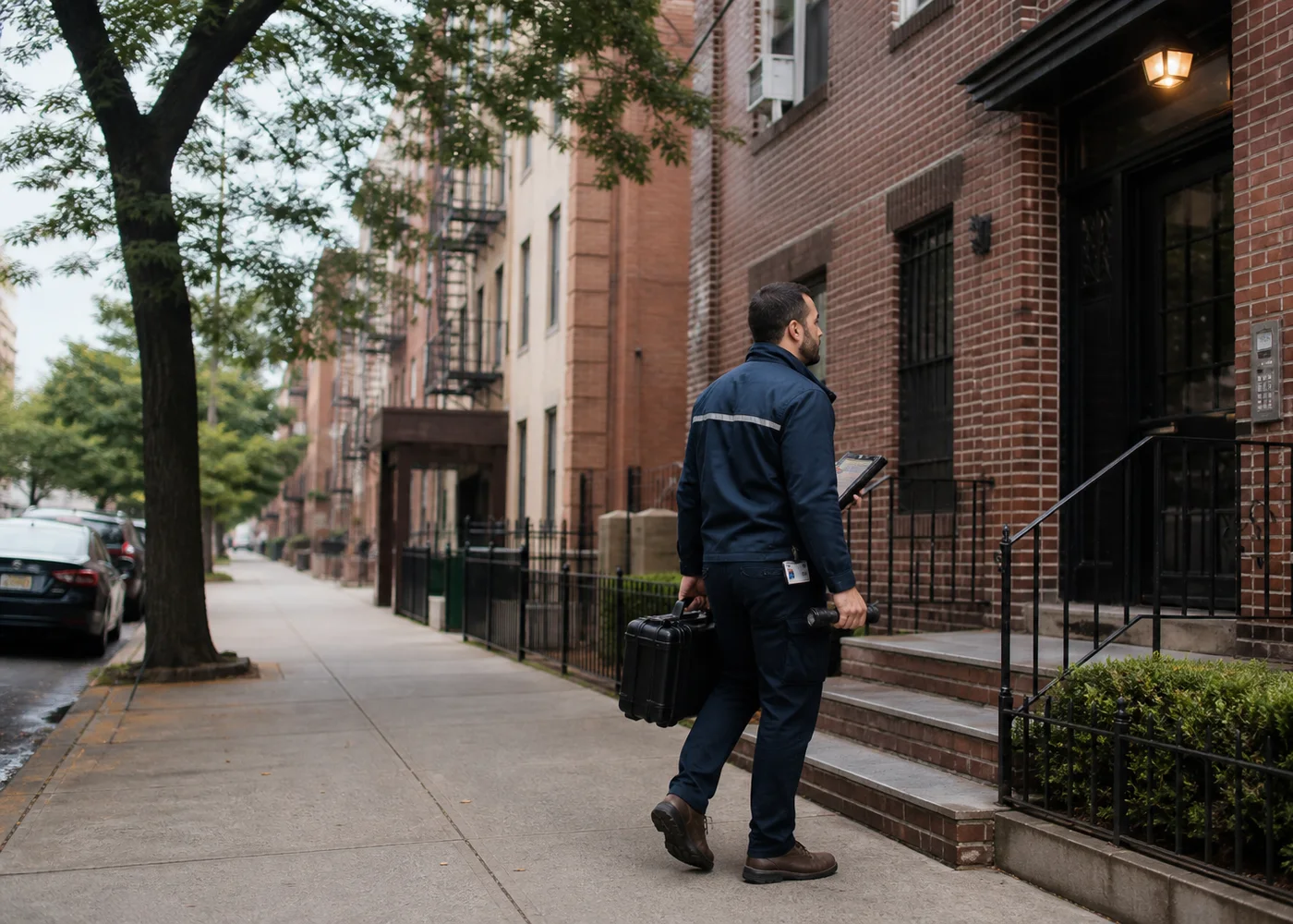 Environmental health inspector arriving for a New York City apartment assessment