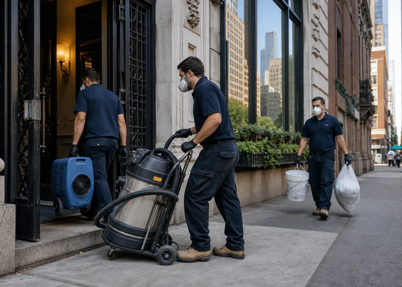 Dust-control crew bringing HEPA and air-cleaning equipment into a New York City renovation site