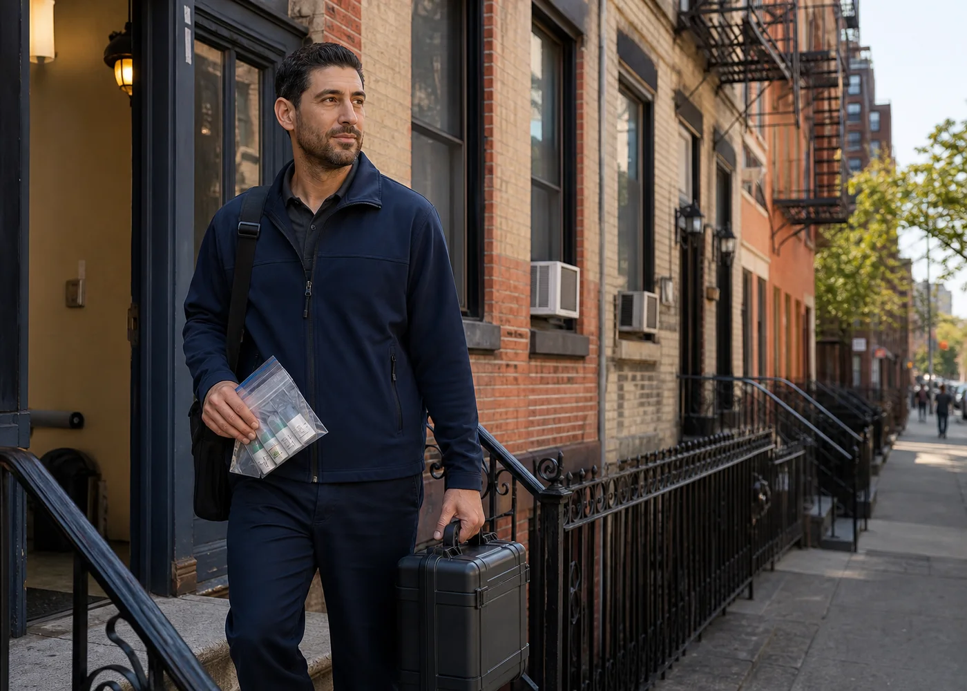 Inspector leaving a New York City rental building with sealed clearance samples