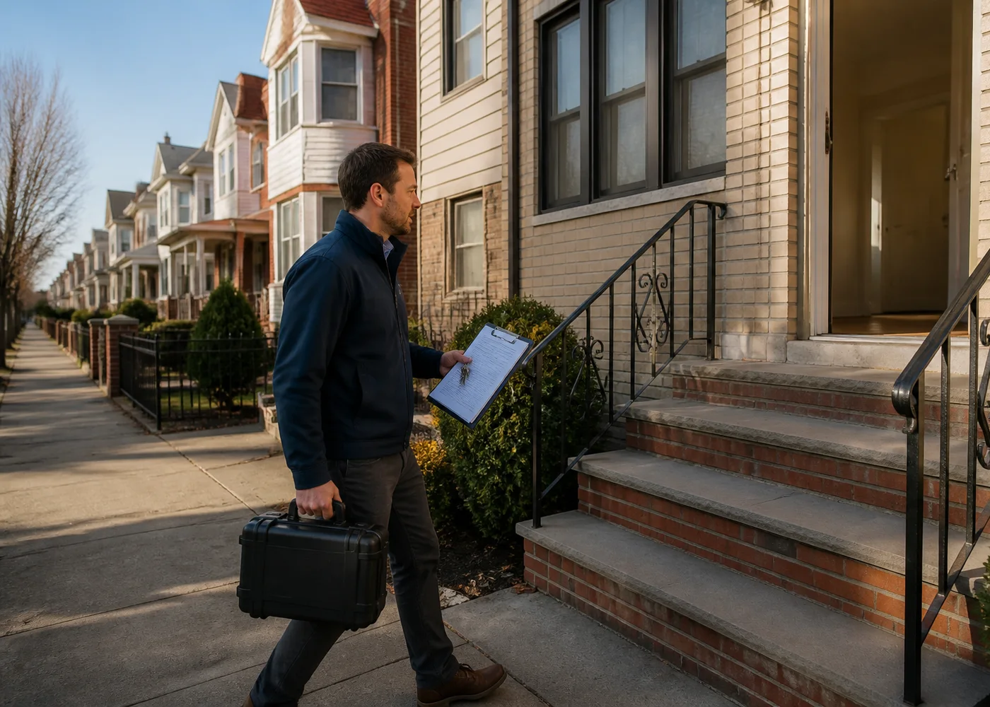 Inspector arriving with testing equipment for a New York City apartment turnover inspection