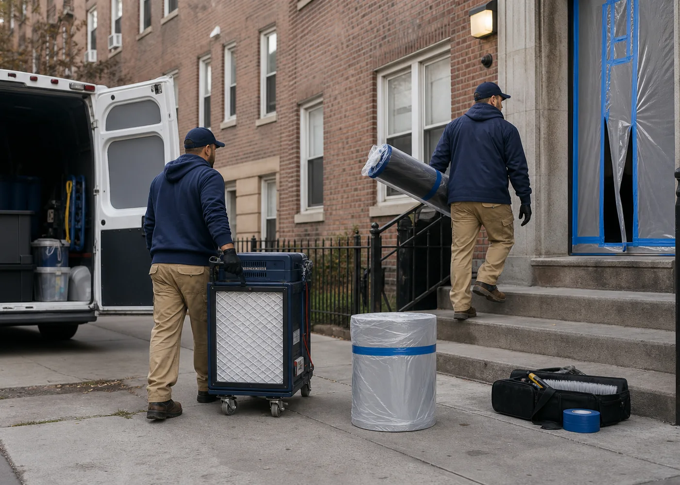 Lead-abatement crew bringing containment and HEPA equipment into a New York City apartment building