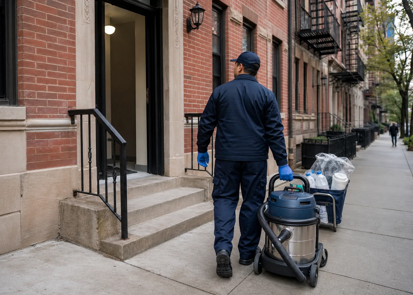 Remediation technician transporting HEPA cleaning equipment into a New York City property