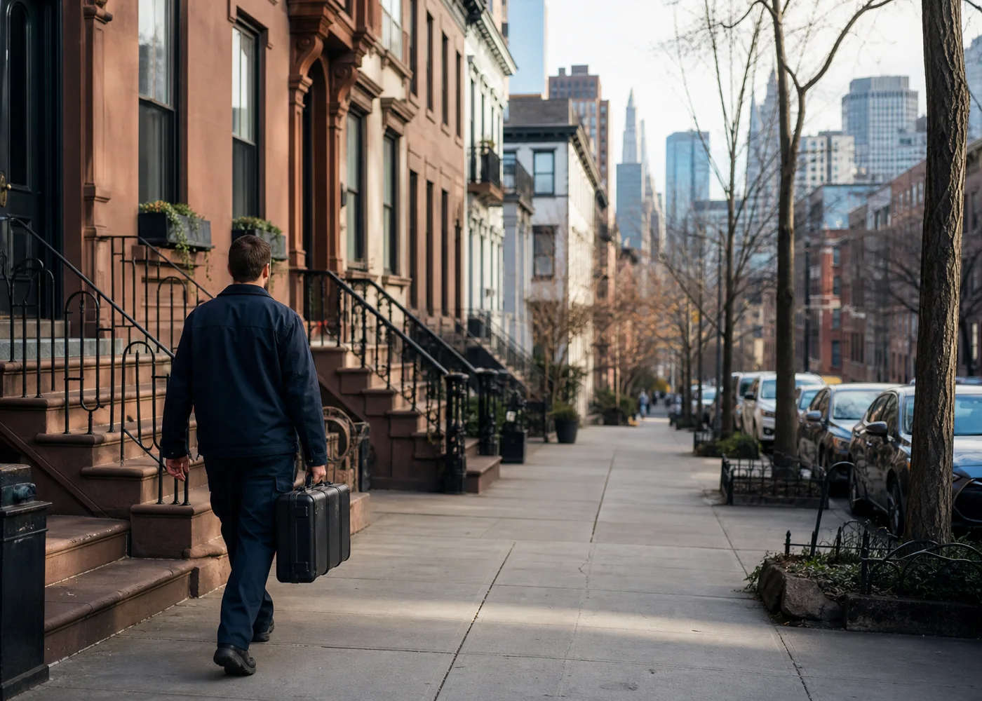 Lead paint inspector carrying field equipment along a New York City brownstone block