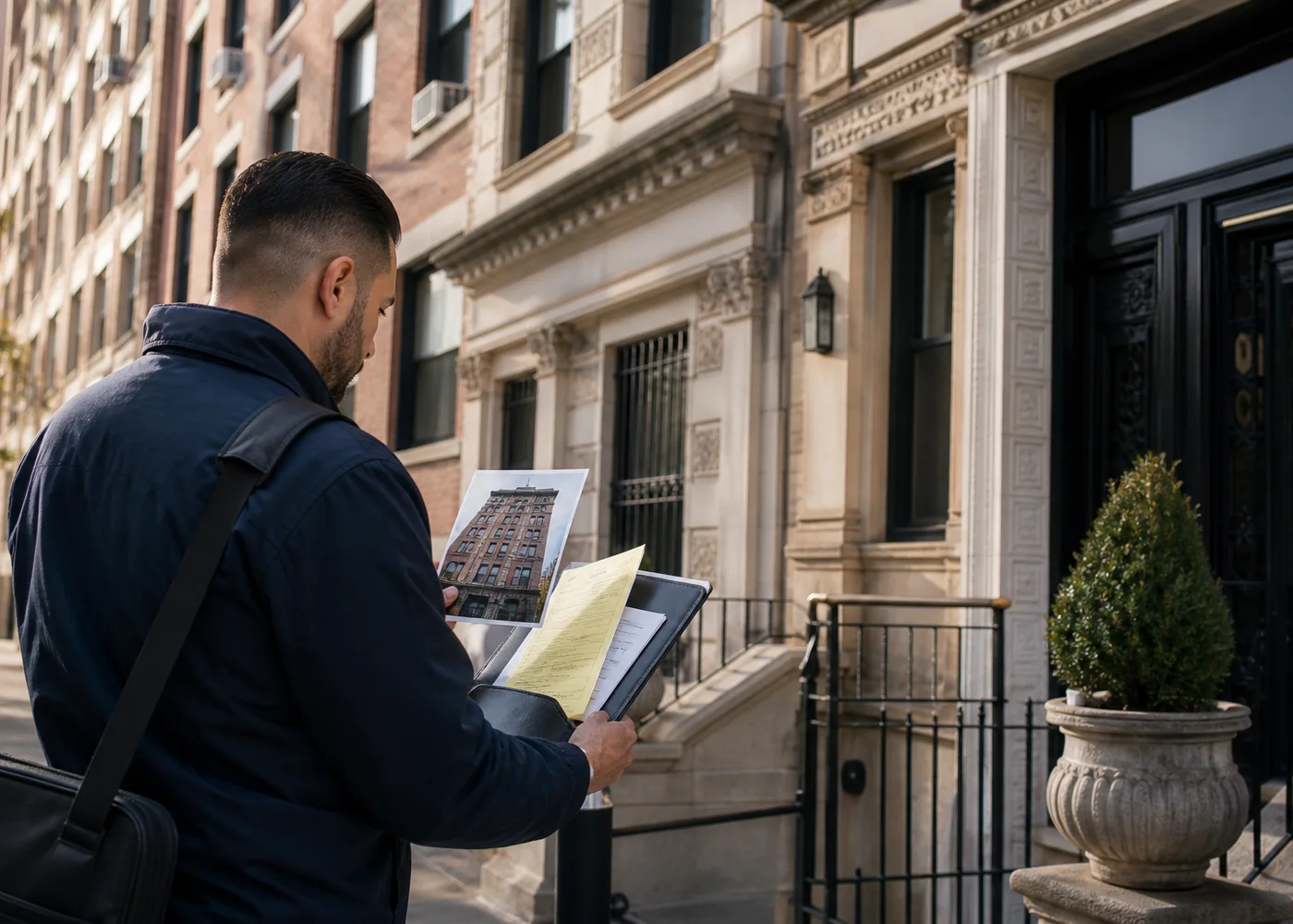 Property compliance specialist reviewing inspection records outside a New York City apartment building