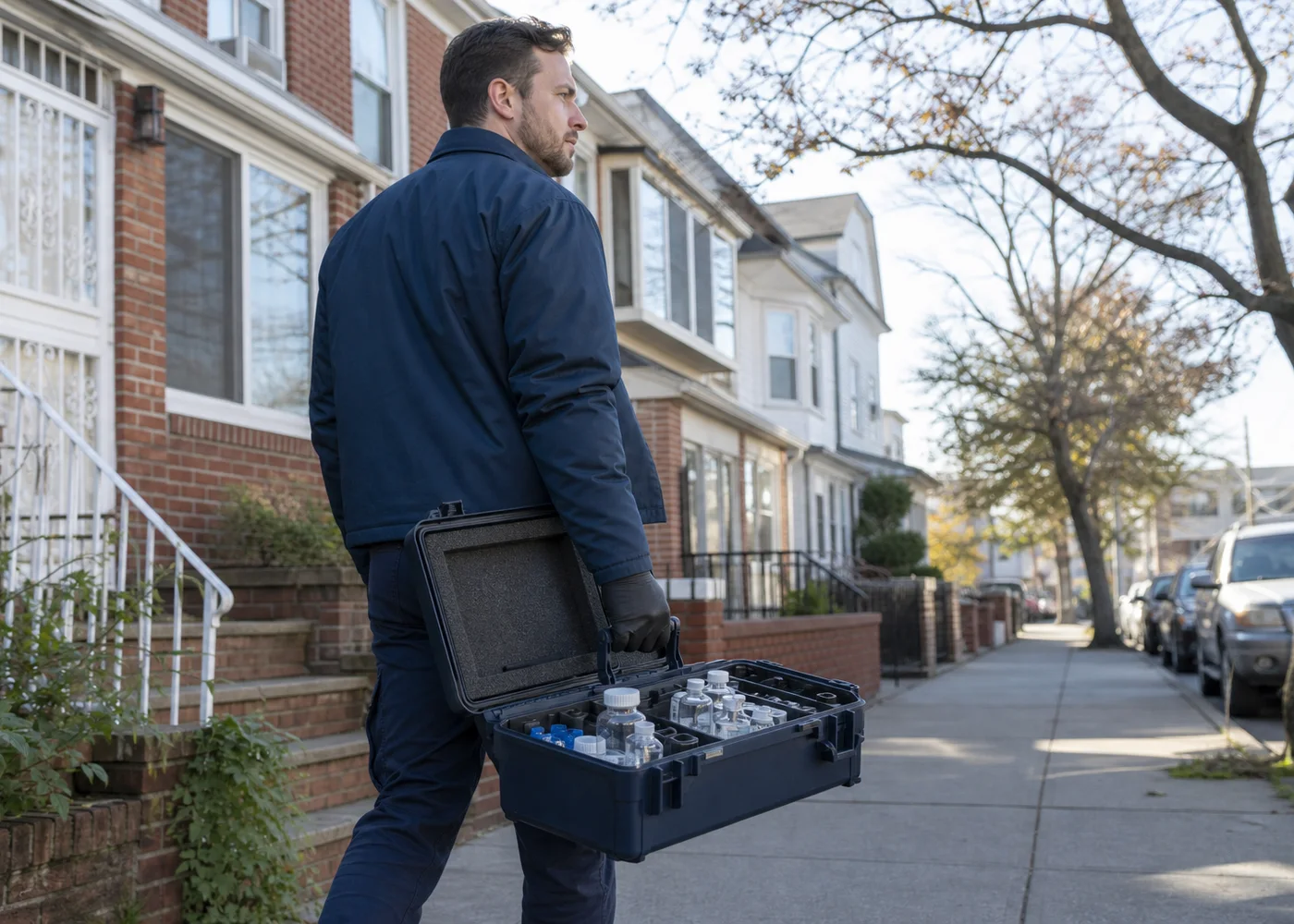 Water-testing technician carrying a professional sampling case through a New York City neighborhood