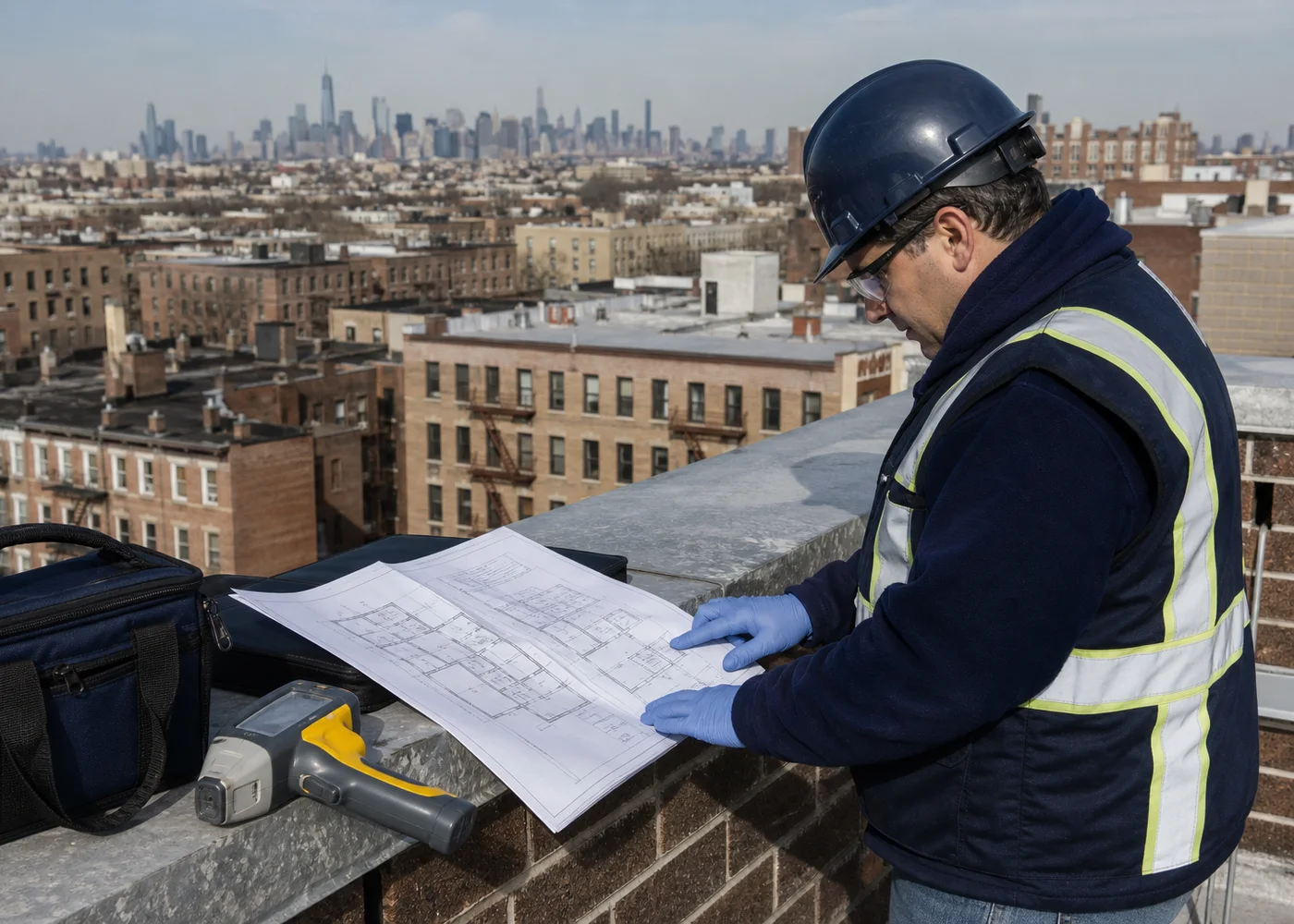 Certified inspector planning Local Law 31 testing above New York City apartment buildings