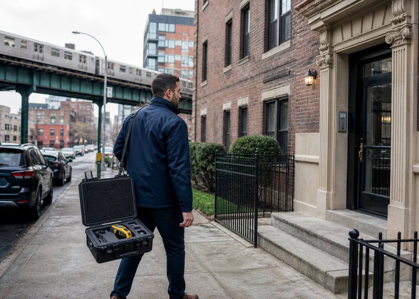 XRF inspector carrying a professional analyzer case through a New York City residential neighborhood