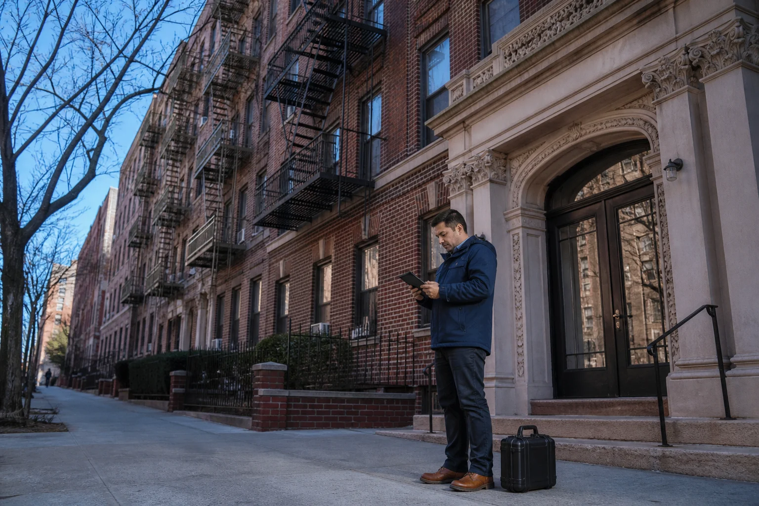 Lead inspector reviewing a Bronx apartment building exterior