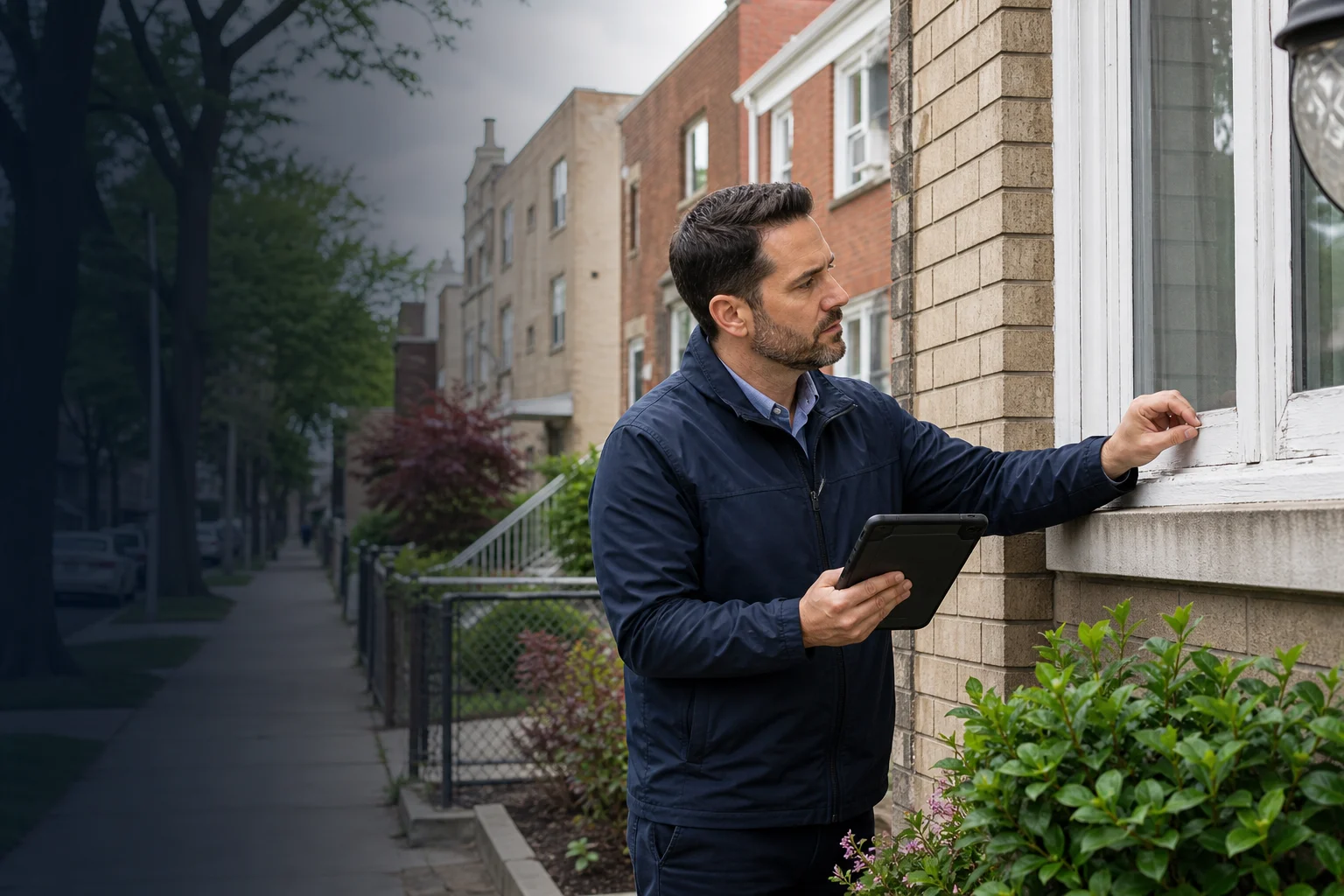 Lead inspector examining a painted window at a Queens residence