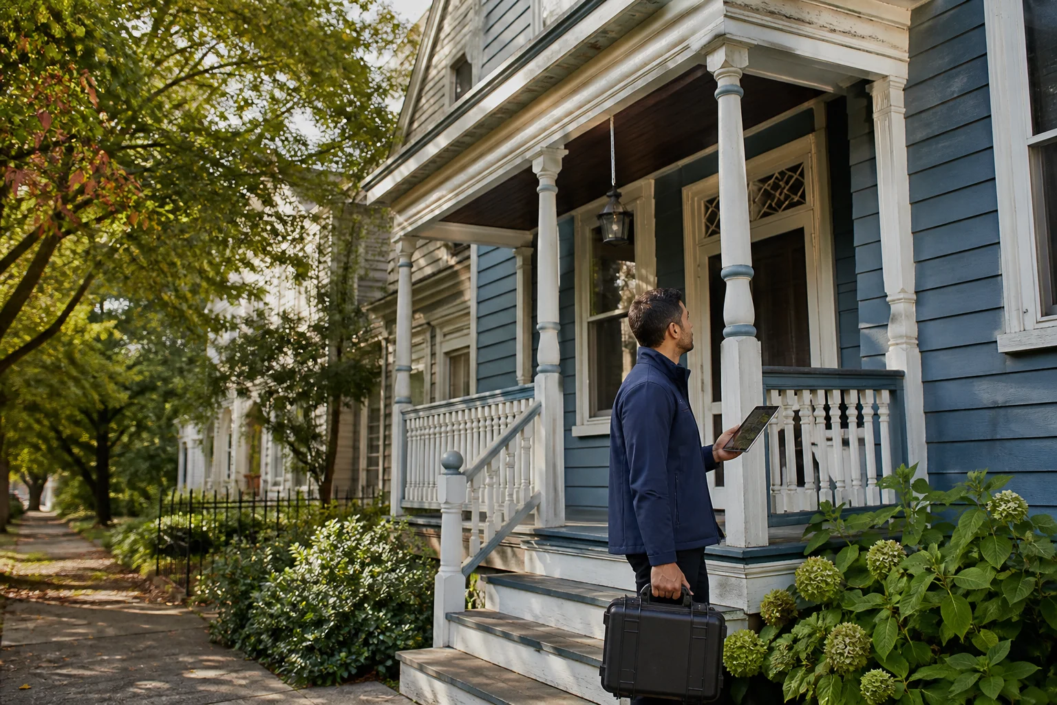Lead inspector documenting a Staten Island home's painted porch