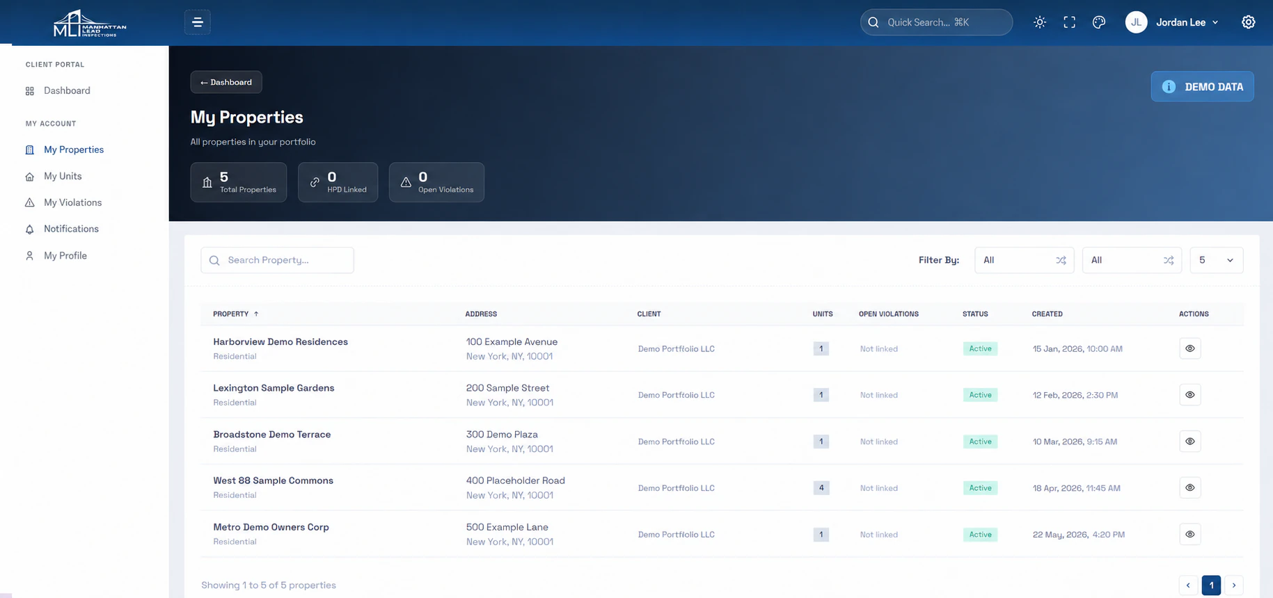 Manhattan Lead client portal property portfolio with fictional demonstration data