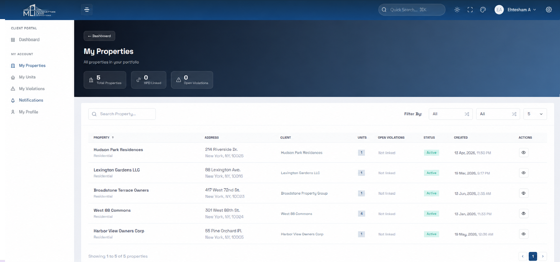 Manhattan Lead client portal showing a property portfolio and open violation status