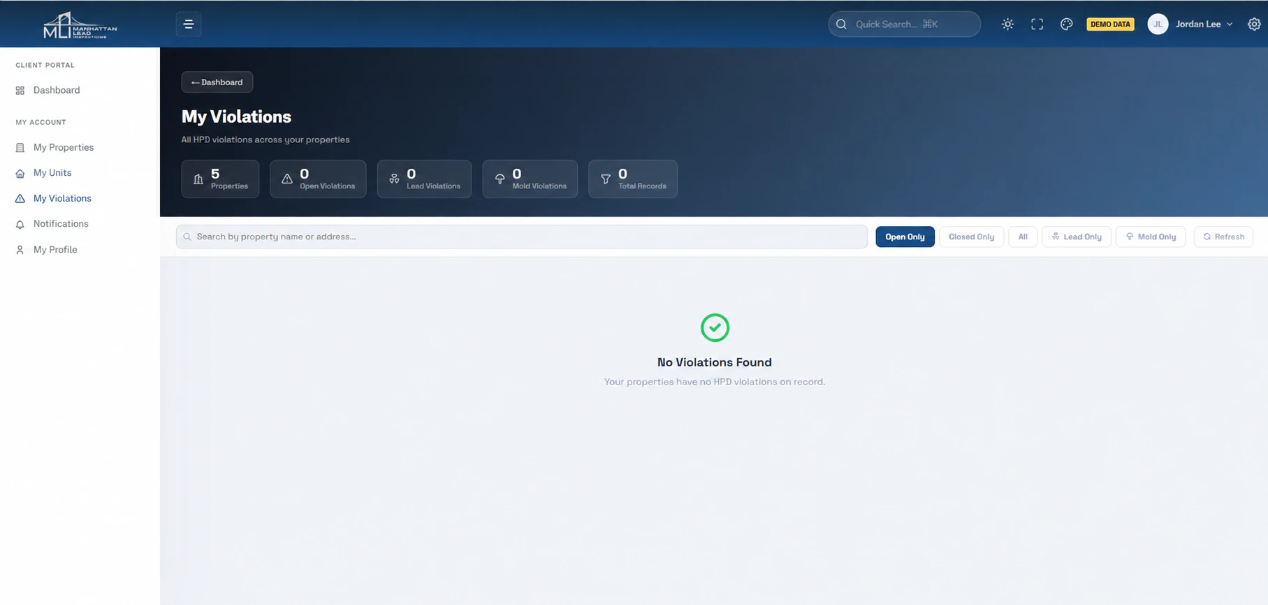 Manhattan Lead client portal violation view shown with a fictional demonstration account