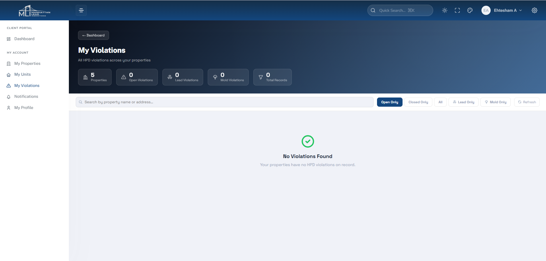 Manhattan Lead client portal showing portfolio-wide HPD violation monitoring