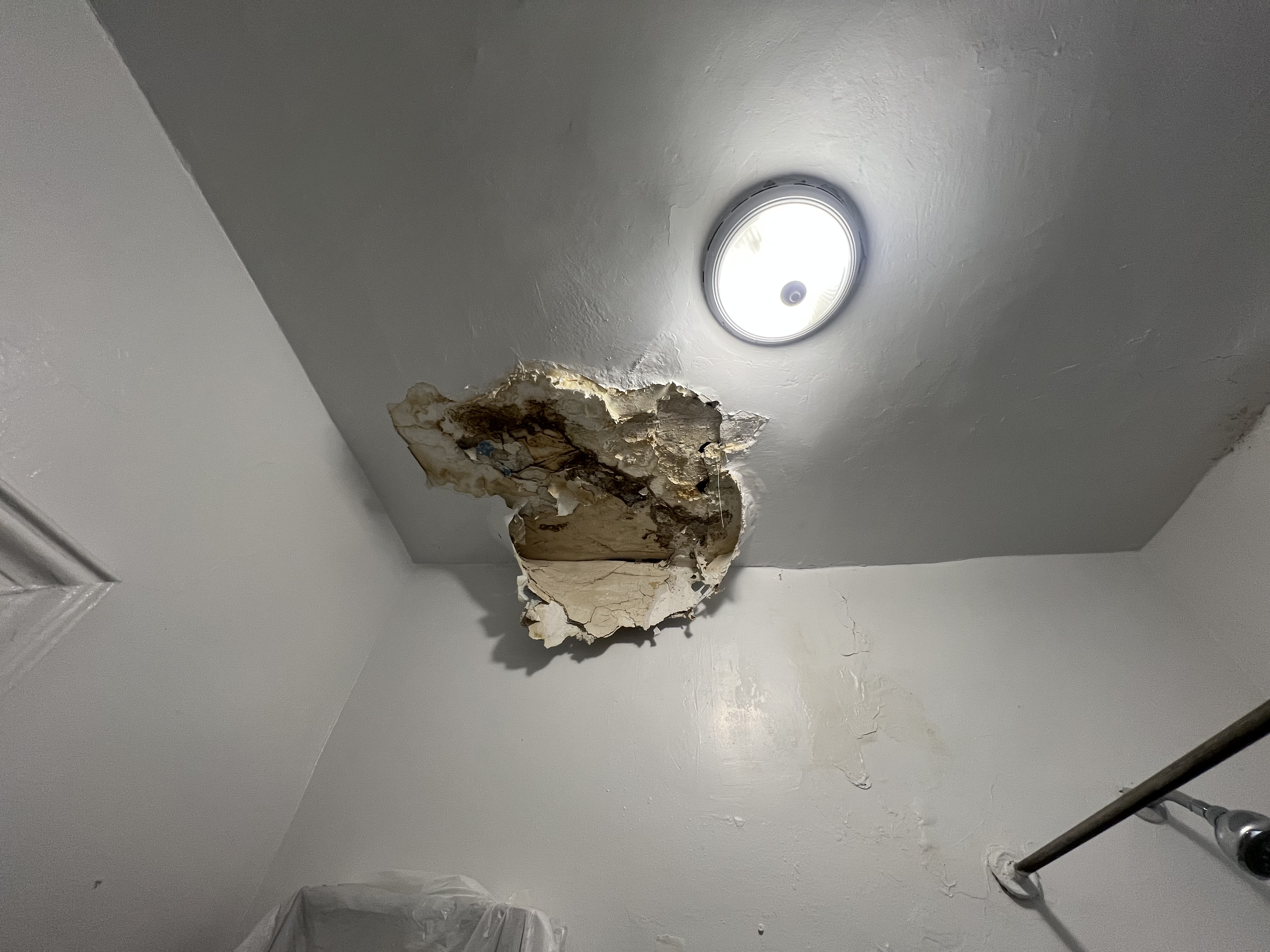 Water-damaged bathroom ceiling with broken plaster and exposed damp material