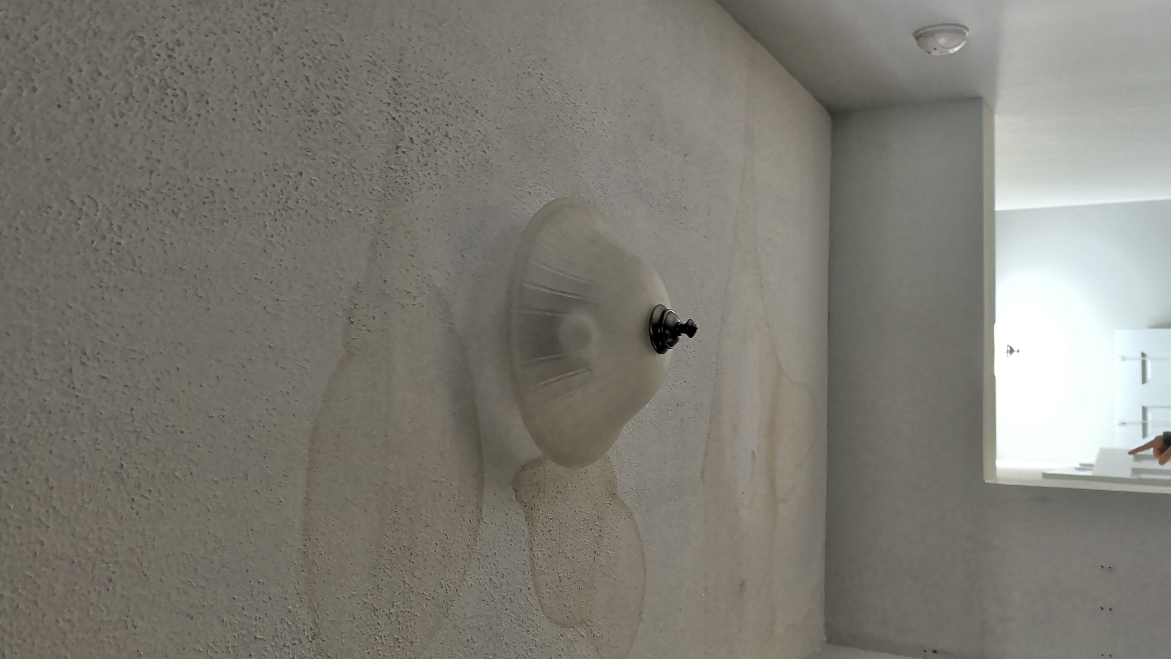 Water staining spreading across a textured ceiling around a light fixture