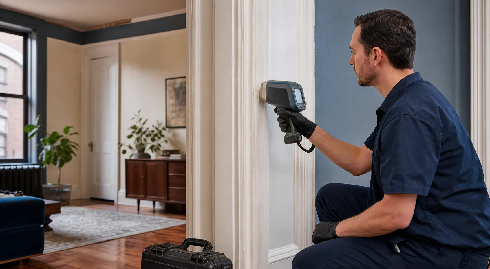 Original photograph of an EPA-certified inspector using XRF equipment in a New York City property