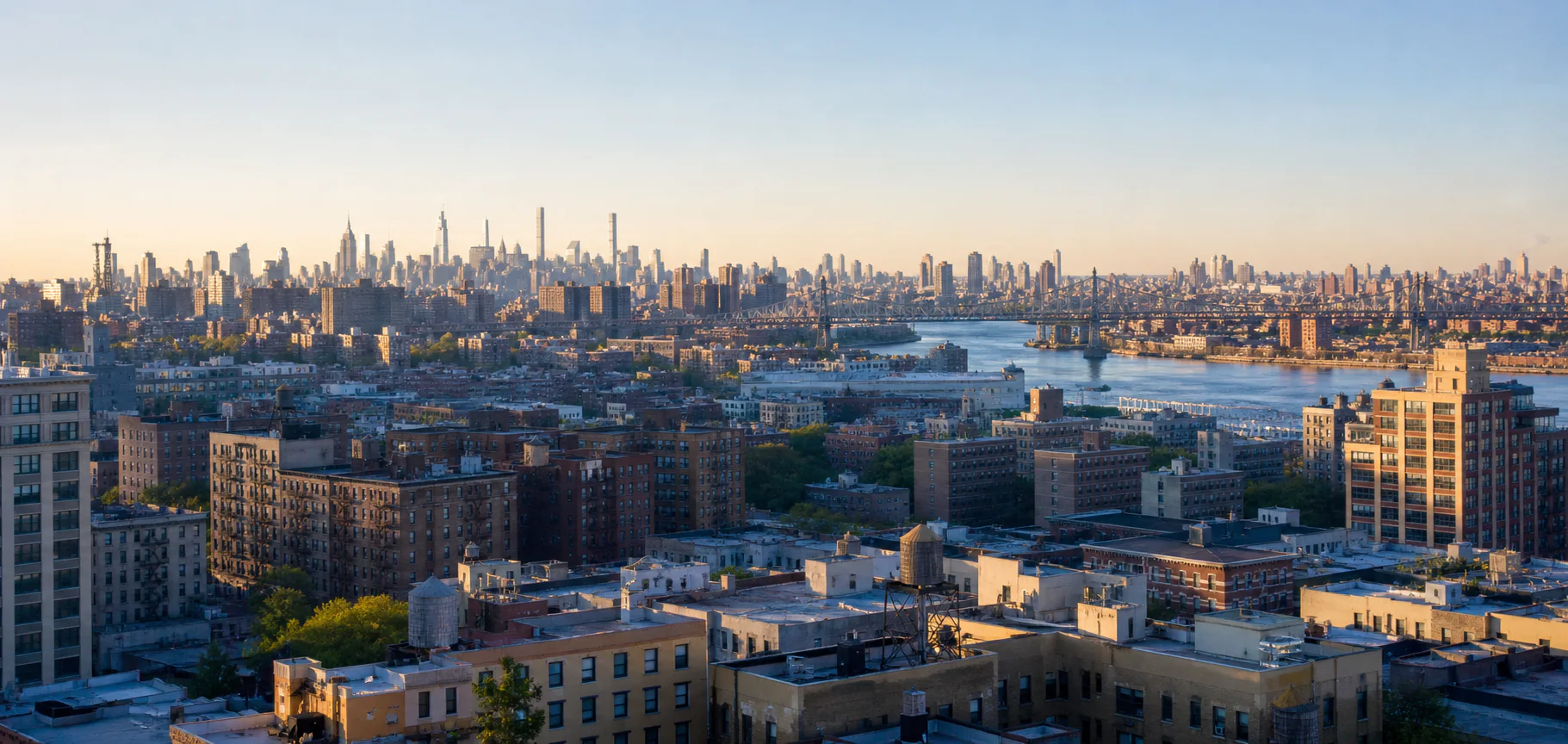 Original panoramic view across New York City residential buildings and the skyline