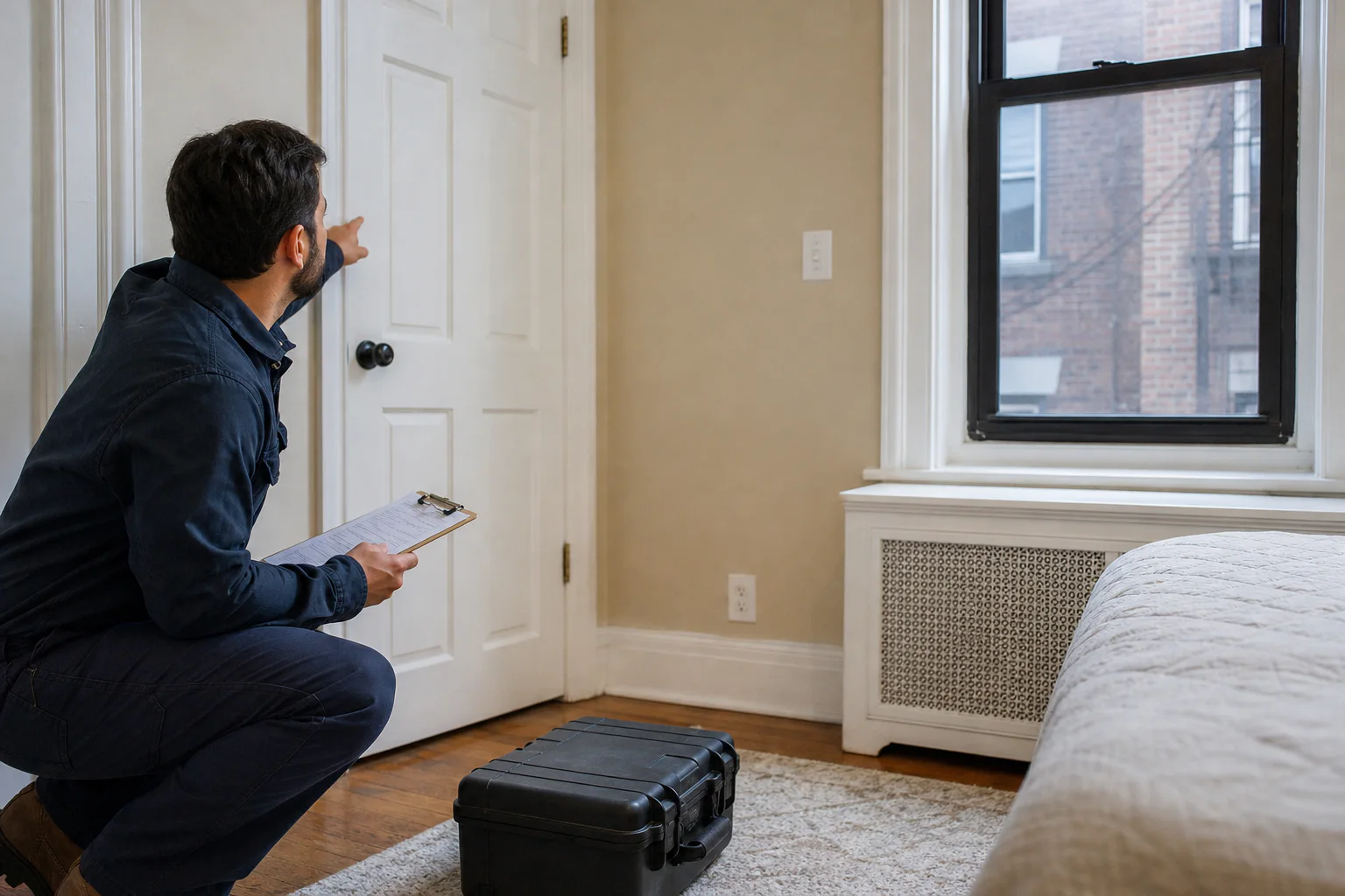 Certified inspector testing painted window trim with a handheld XRF analyzer