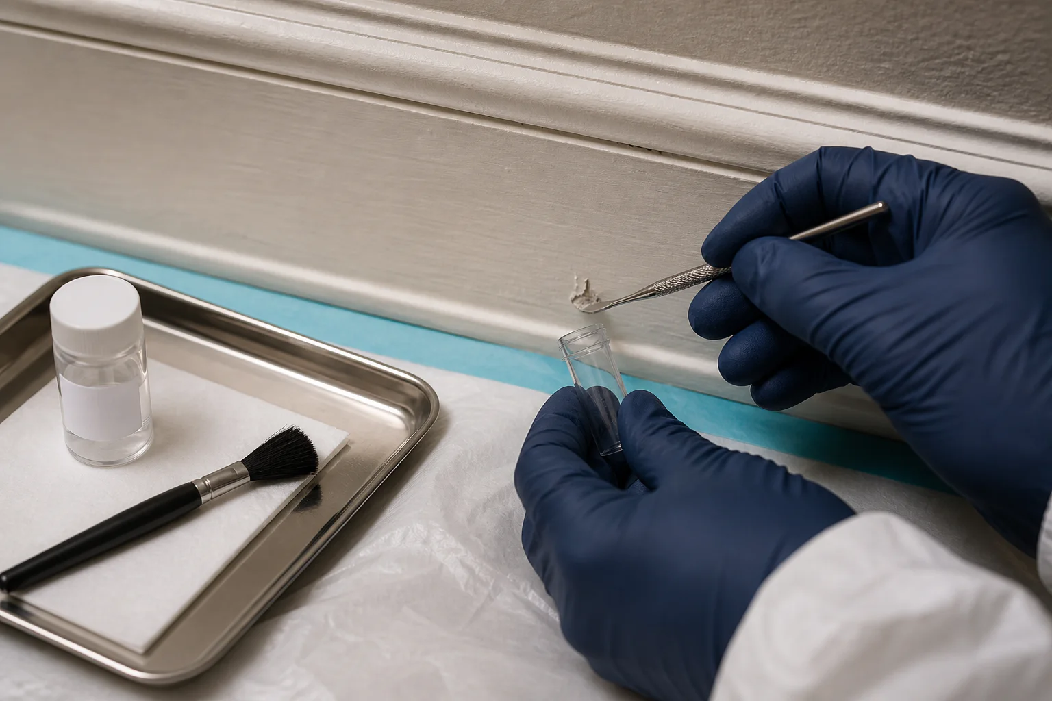 Lead testing specialist arranging an analyzer, sample container and property notes