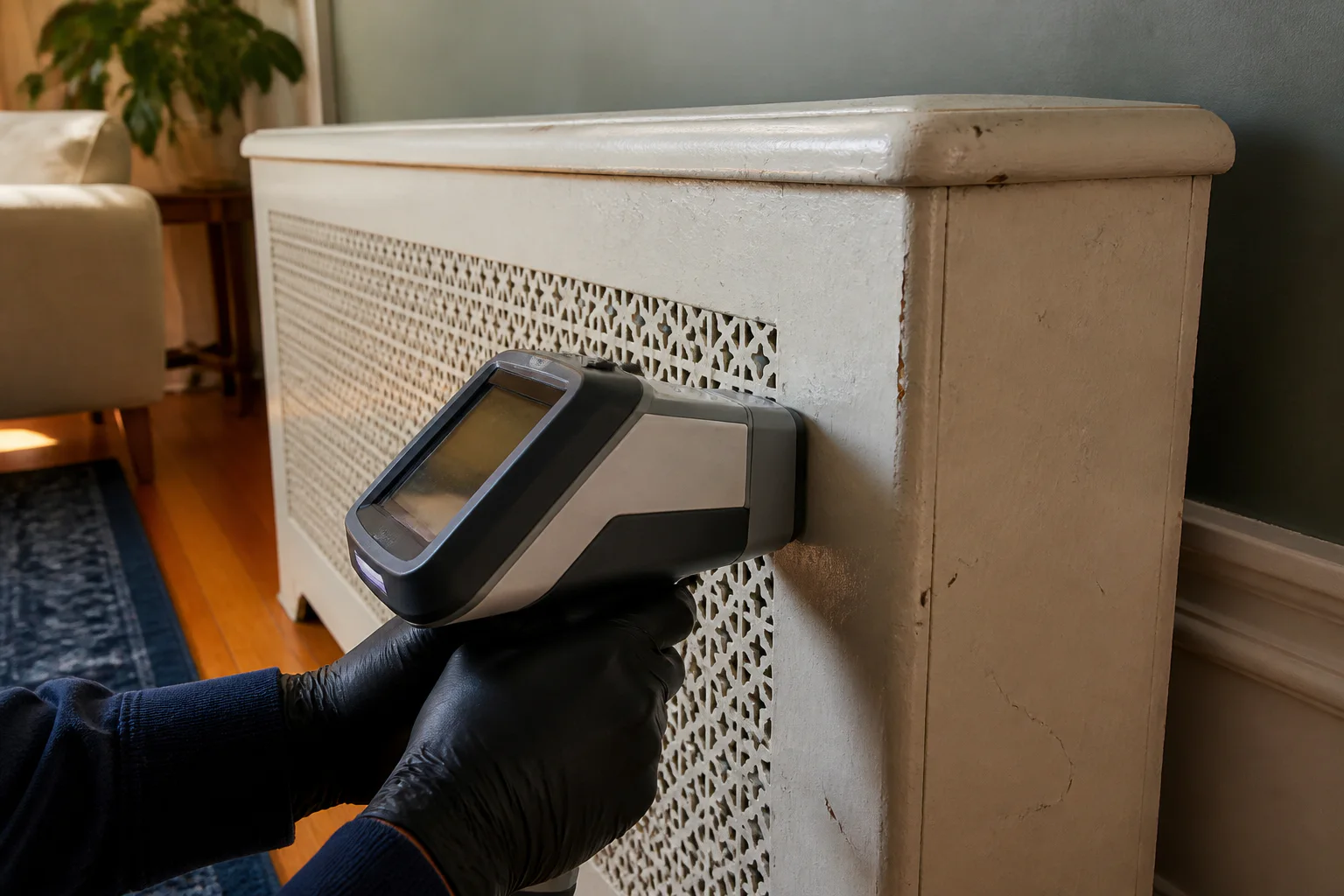 Inspector taking a non-destructive XRF reading on painted apartment trim