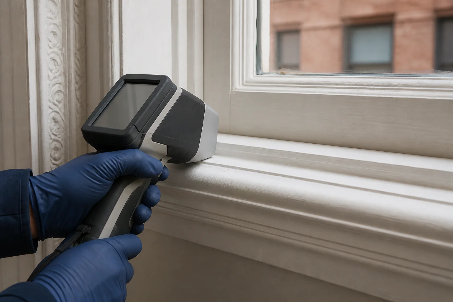 Original close view of non-destructive XRF testing on a painted window sill