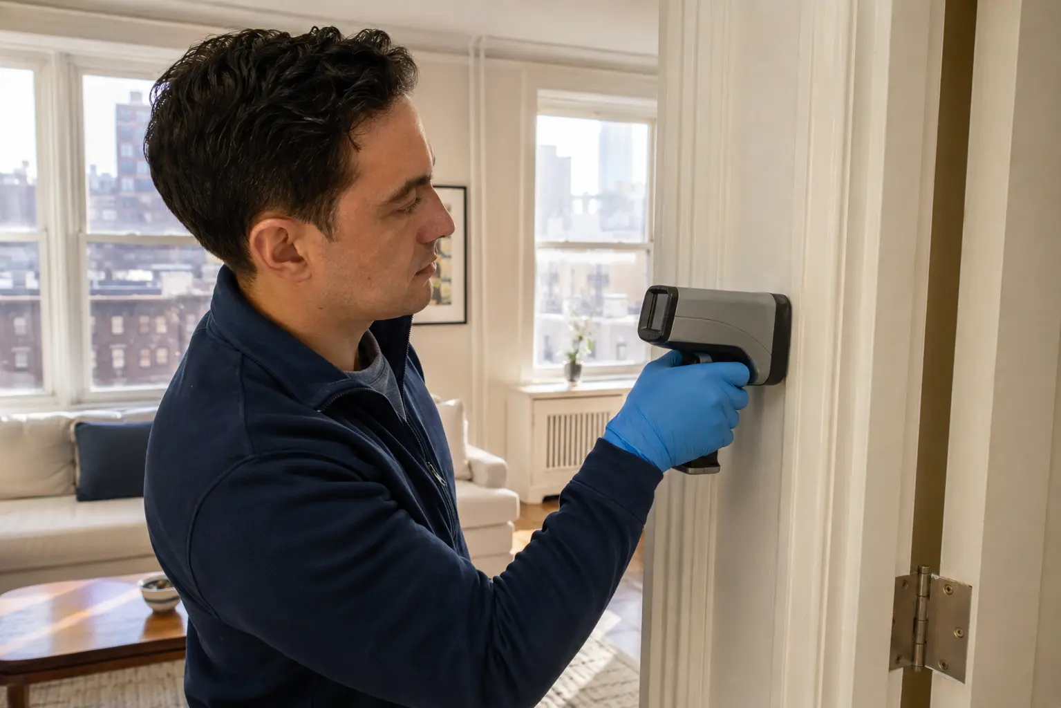 Inspector using an XRF analyzer during a lead paint inspection