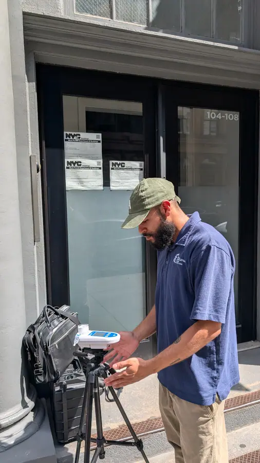 Inspector setting up sampling equipment on a tripod outside a Manhattan building entrance