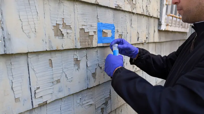 Inspector in blue gloves collecting a paint chip sample from peeling siding inside a taped sample square
