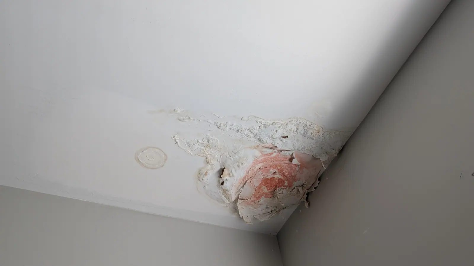 Peeling ceiling paint and water staining in the corner of an apartment room
