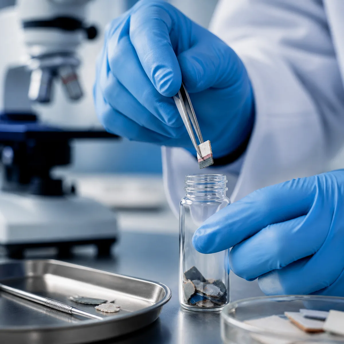 Laboratory technician preparing a paint-chip sample for analysis