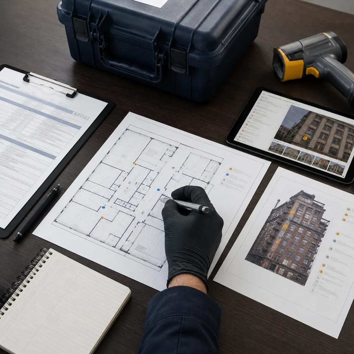 Inspector organizing property plans and lead testing findings