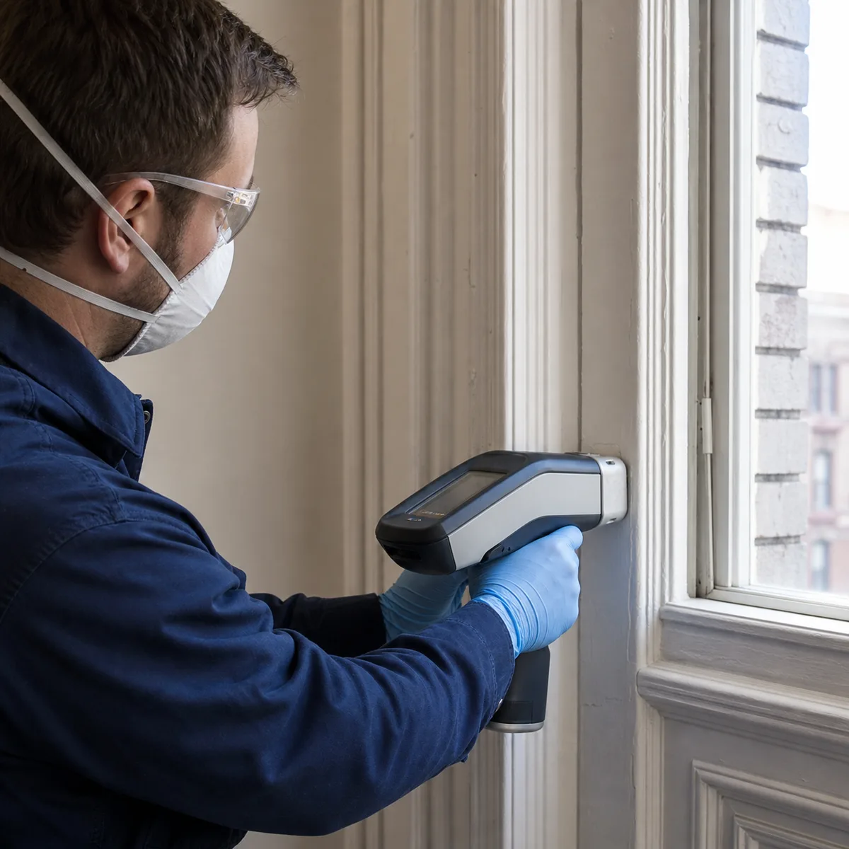 Certified inspector performing an XRF lead paint reading on apartment window trim