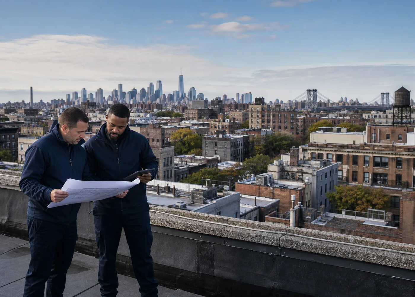 Lead testing inspectors reviewing property plans above New York City residential buildings