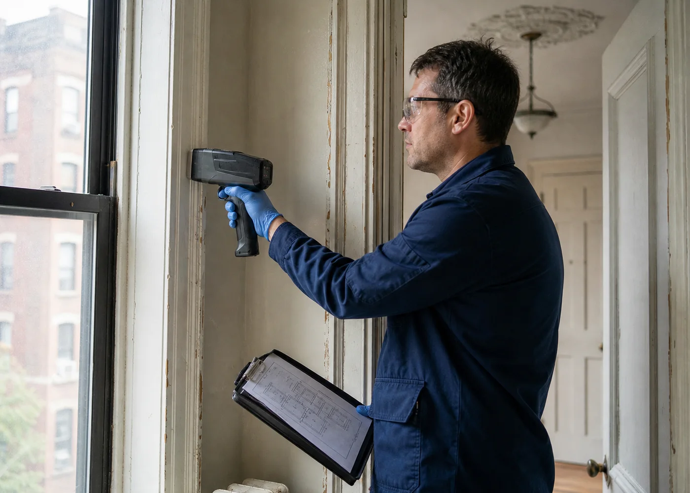 Inspector using an XRF analyzer on painted window trim in a New York City apartment