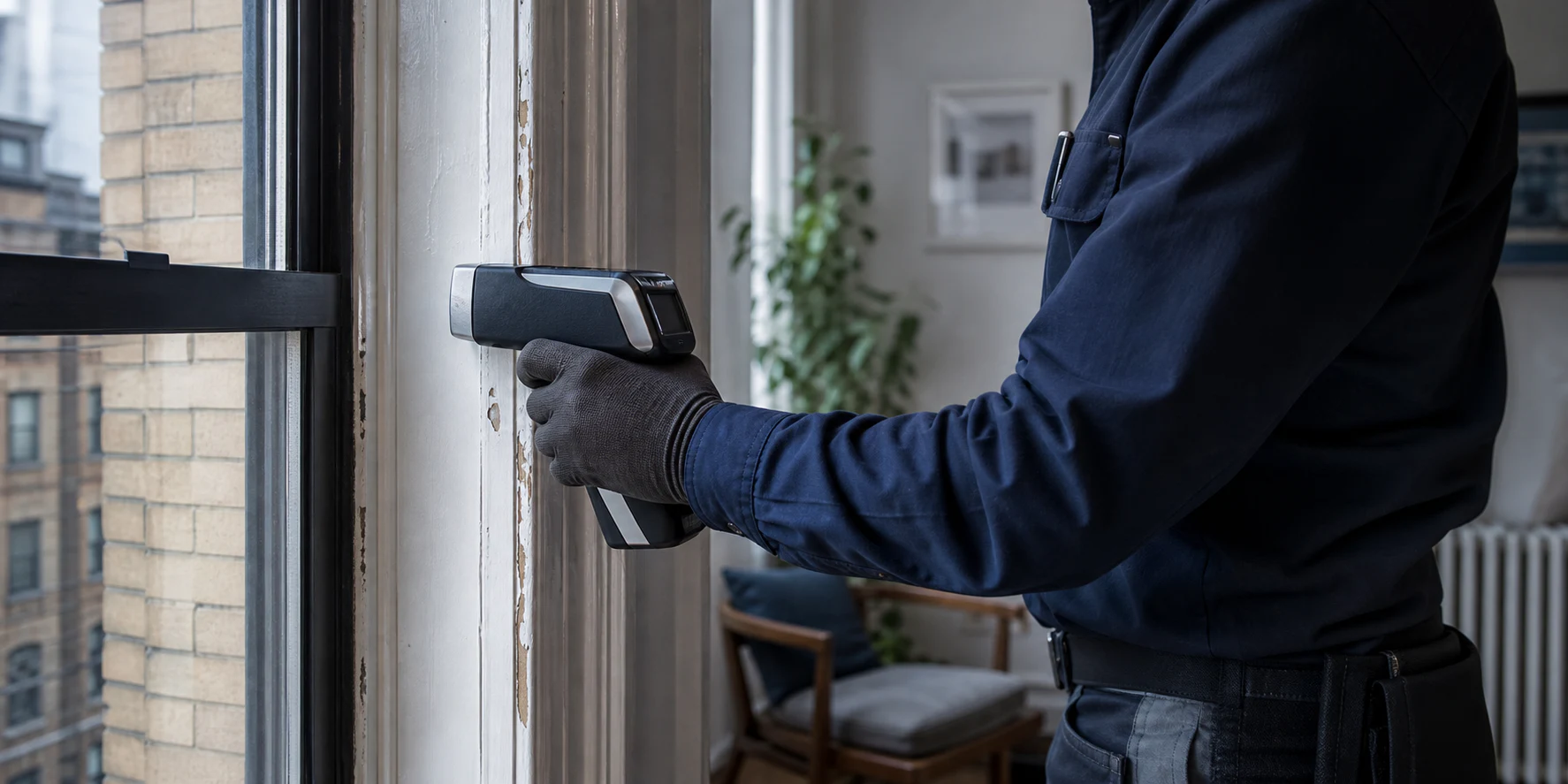 EPA-certified inspector using an XRF analyzer to test painted window trim in a New York City apartment