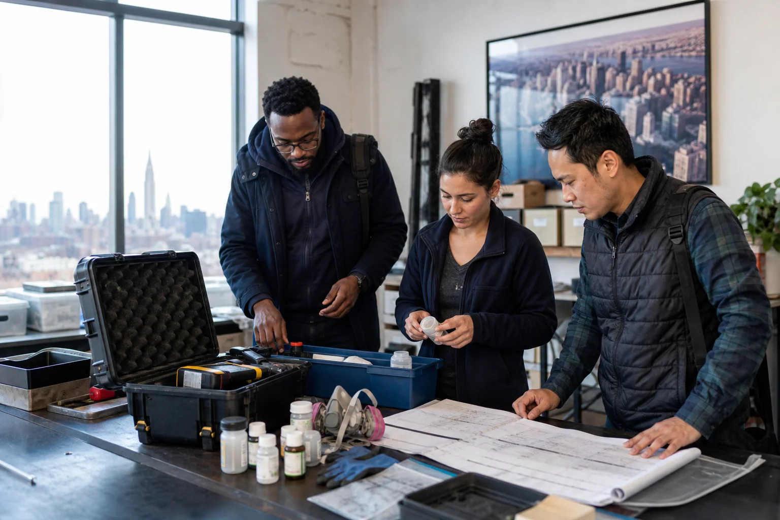 Original editorial photograph of the Manhattan Lead inspection team preparing equipment
