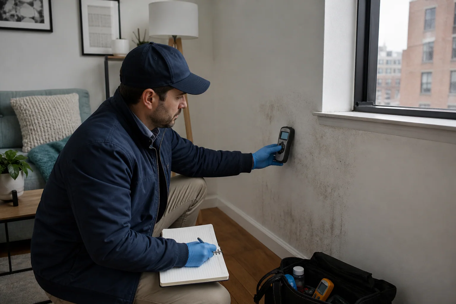 Original editorial photograph of an environmental assessor checking moisture in a New York City apartment wall