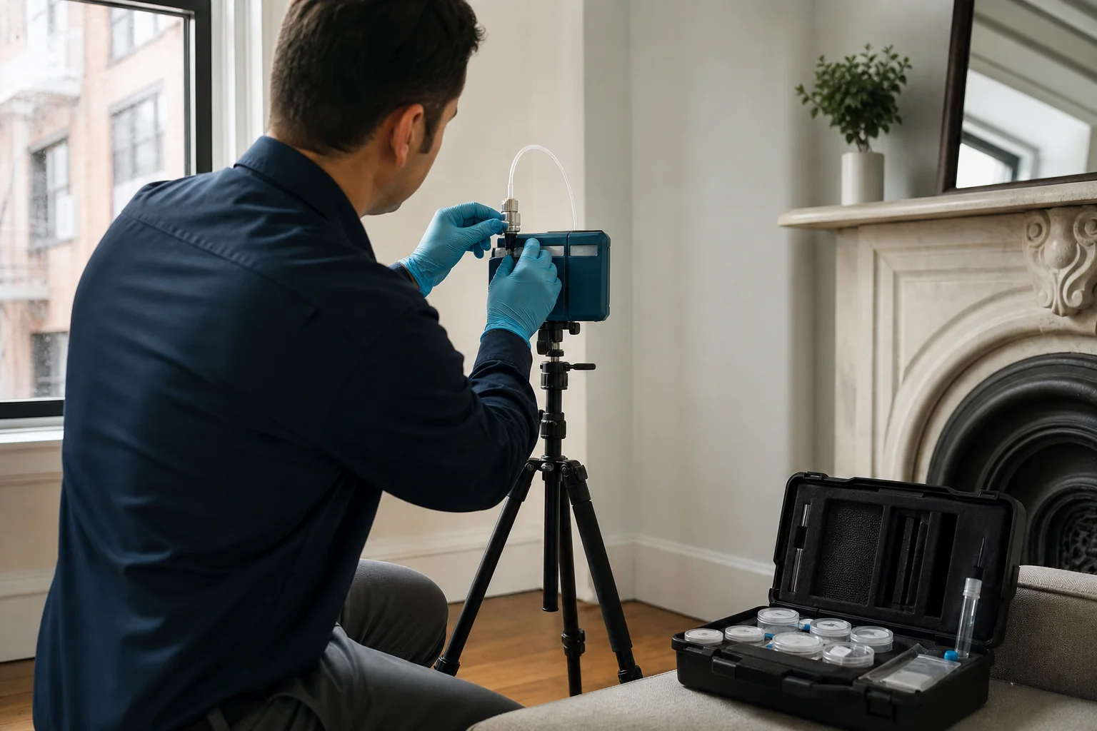 Environmental technician setting up indoor air sampling equipment in a New York City apartment