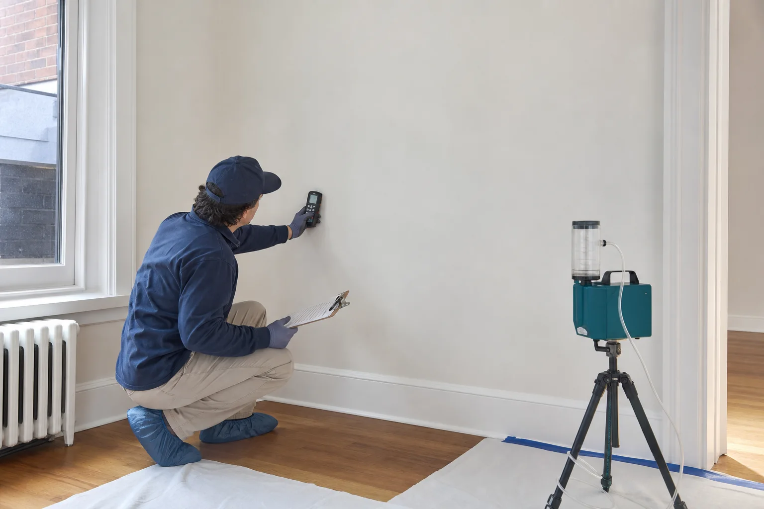 Environmental assessor verifying a clean repaired wall after mold remediation