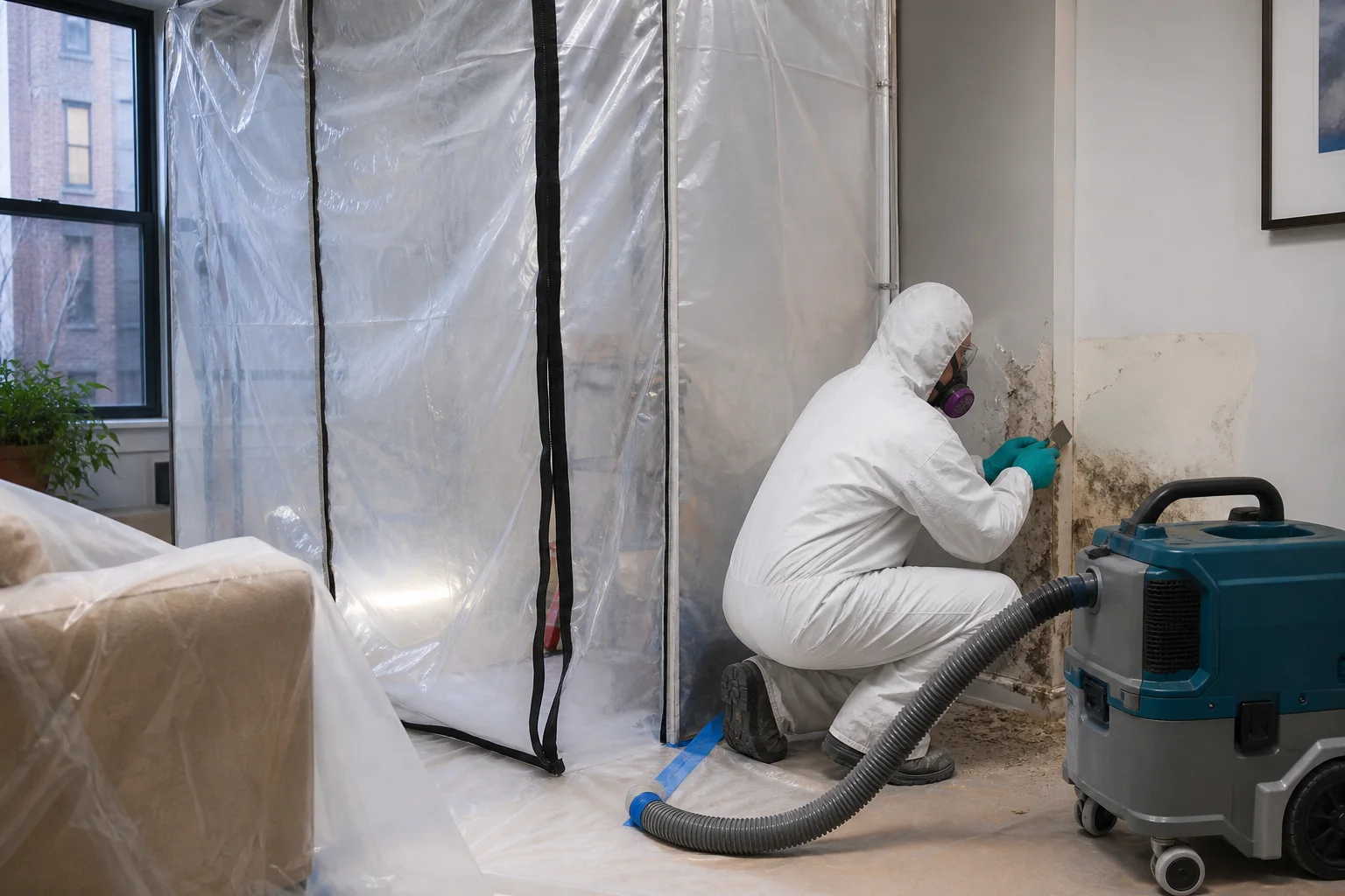 Mold remediation worker removing affected wall material inside a contained work area
