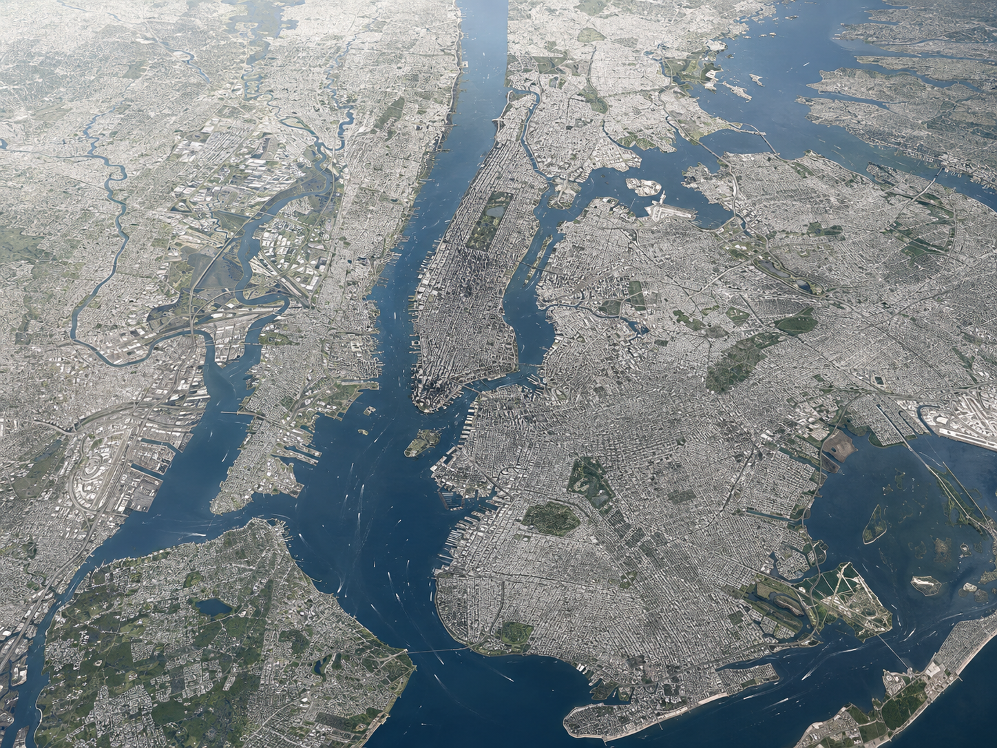 Aerial map view of New York City and its five boroughs