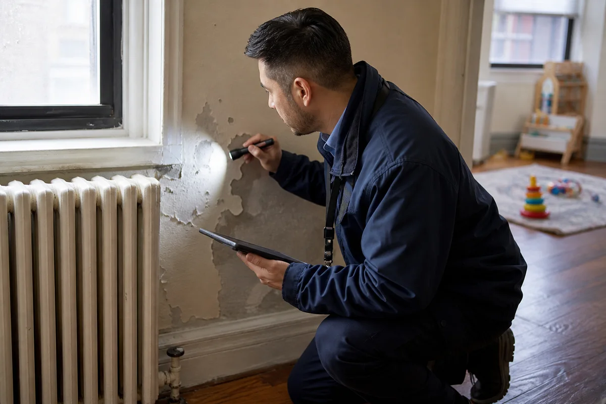 Environmental health inspector assessing deteriorated paint in an older apartment