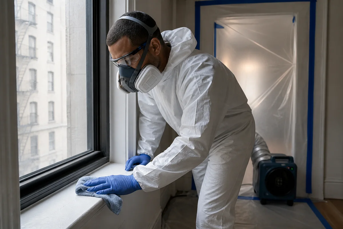 Remediation technician wet-cleaning a window sill inside a controlled work area