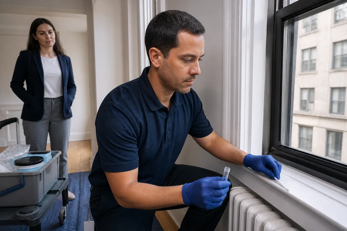 Independent inspector collecting a dust-wipe sample after HPD correction work