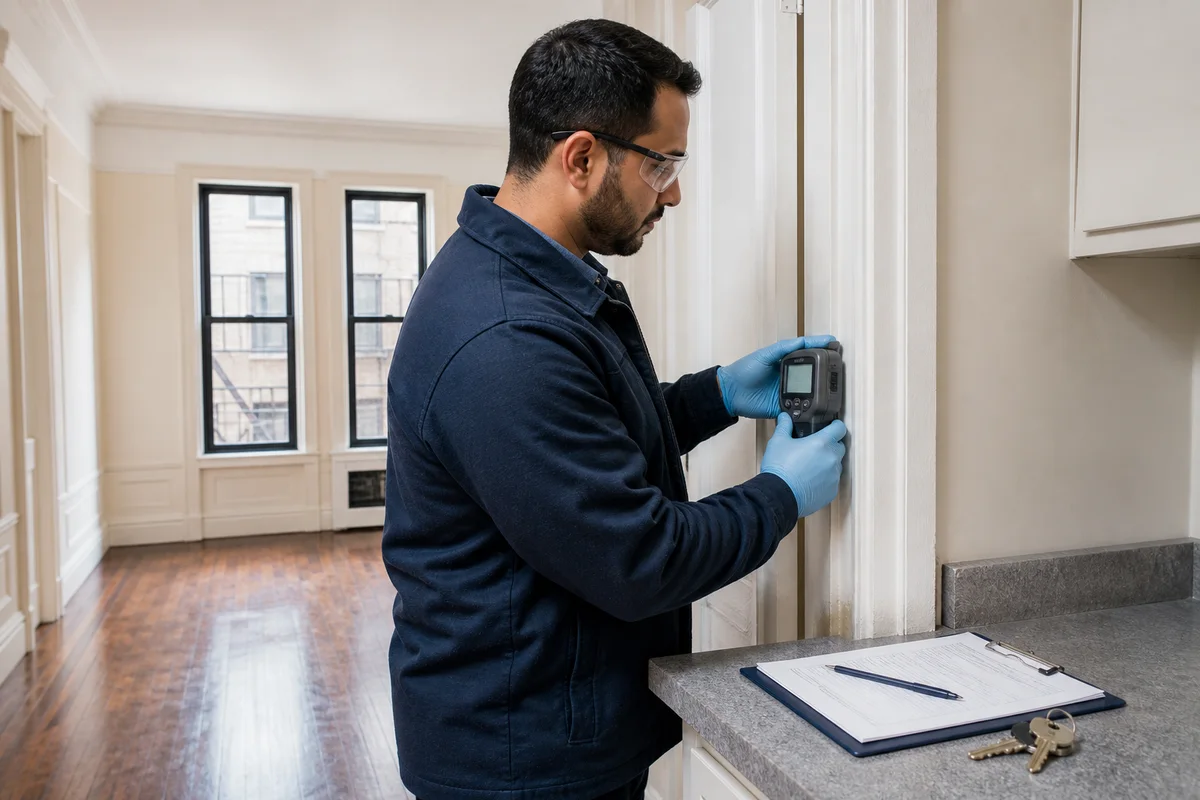 Inspector completing lead testing during an apartment turnover inspection