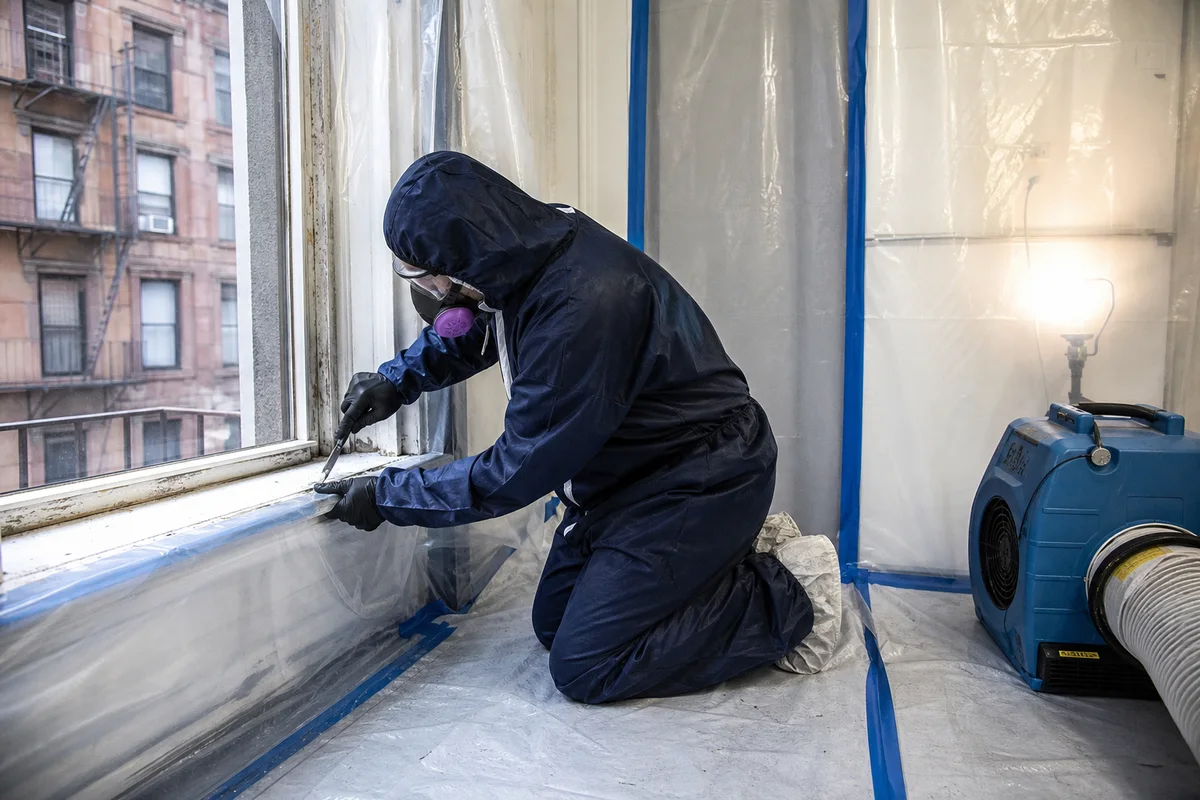 Qualified lead-abatement worker correcting painted trim inside a contained work zone