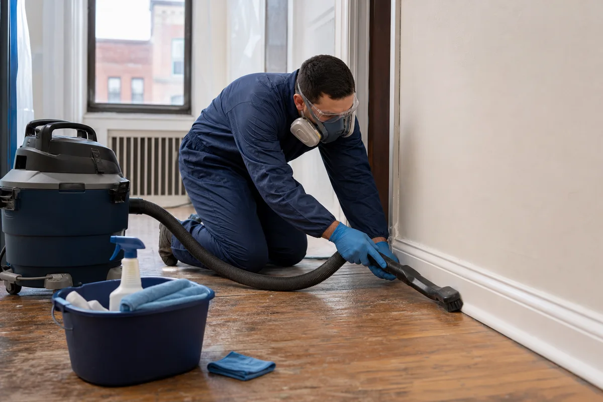 Remediation technician using a HEPA vacuum along apartment baseboards