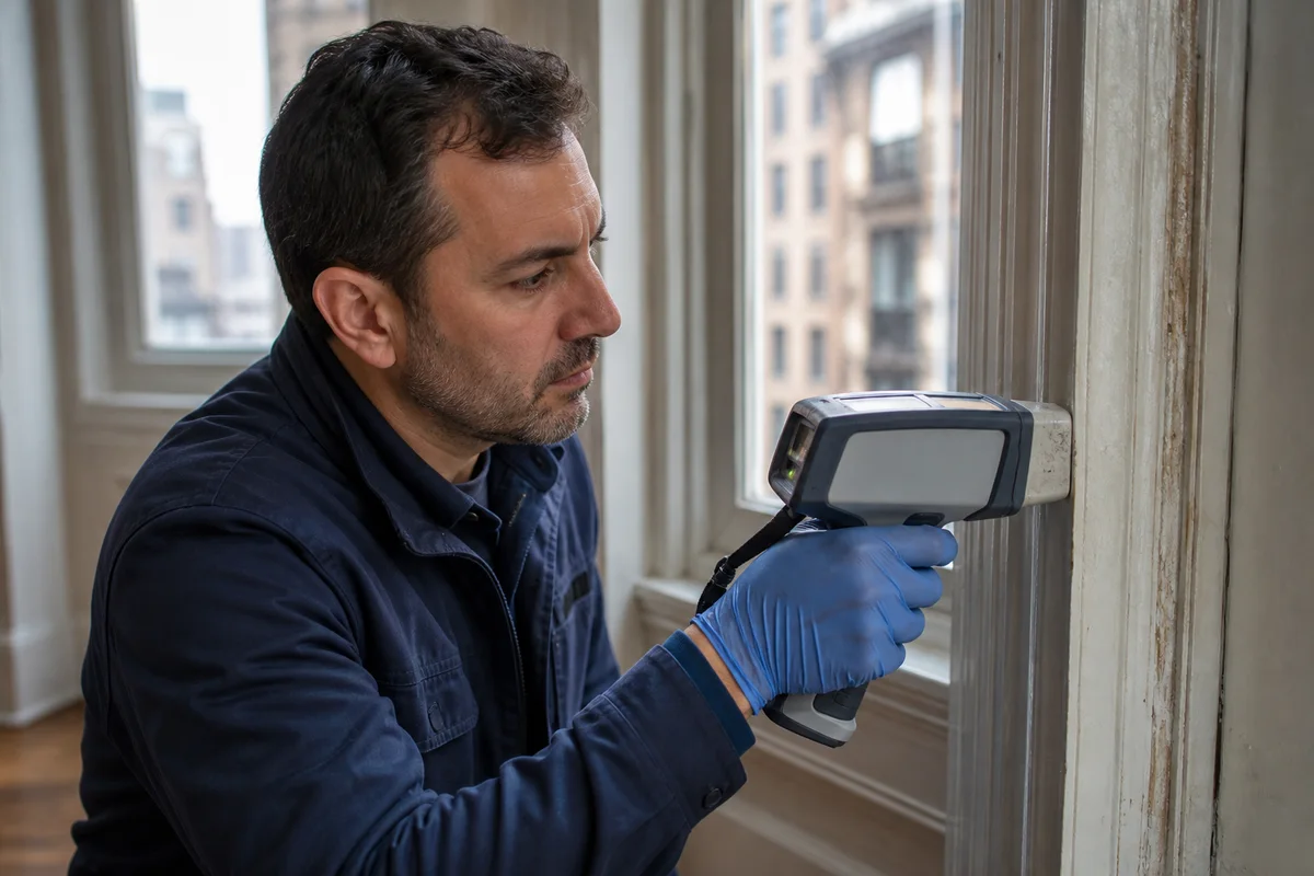 Certified inspector testing painted window trim with a handheld XRF analyzer